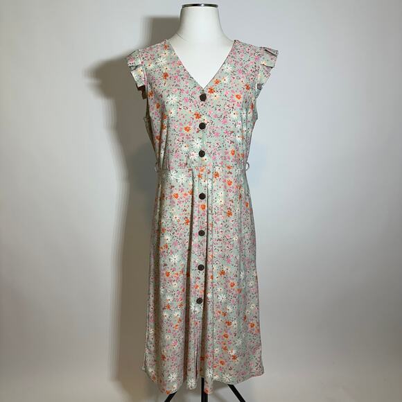 Monteau Los Angeles Sage Green Floral Button Front Ruffle Sleeve Dress Womens XL - Picture 1 of 12